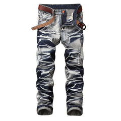 Casual Mid-rise Coated Slim Straight Pleated Biker Jeans Pants