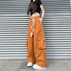 Streetwear Women Oversize Solid Cargo Pants Elastic Waist Drawcord Loose Harajuku Hip Hop Casual