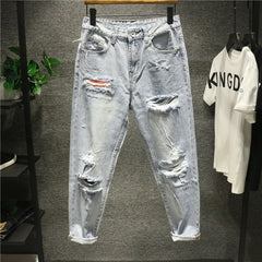 Loose Big Hole Nine Point Straight Denim Pants Baggy Jeans Y2k Streetwear