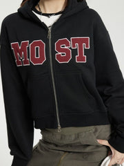 Y2k Hoodies Women Vintage Aesthetic Hip Hop Letter Embroidery Double Zipper