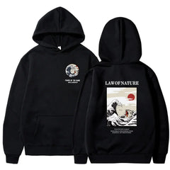 Japanese Anime Cartoon Sea Wave Cat Printed Fashion Hoodie Fleece Pullover Casual