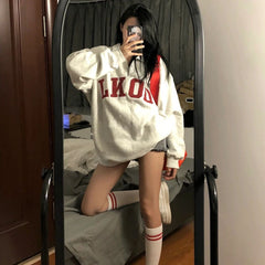 Deeptown Vintage Embroidery Women's Oversized Harajuku Zipper Sweatshirts: Retro Loose Casual Style