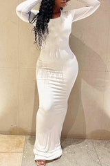 Solid Color Slim Fit Round Neck Long Sleeve Maxi Dress