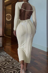 Solid Color Knit Back Knit Long Sleeve Midi Dress