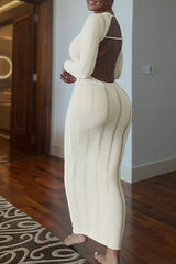 Solid Color Knit Back Knit Long Sleeve Midi Dress