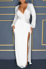 Balloon Sleeve V Neck Solid Color Slit Maxi Dress