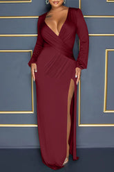 Balloon Sleeve V Neck Solid Color Slit Maxi Dress