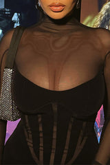 Mesh Stitching High Waist Skinny Package Hips Mini Dress