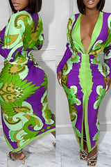 Printed V-neck Sheath Maxi Dress