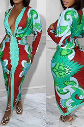 Printed V-neck Sheath Maxi Dress