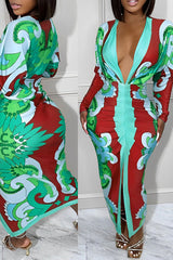 Printed V-neck Sheath Maxi Dress
