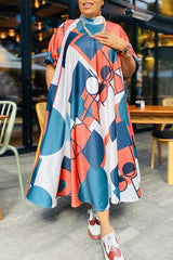 Casual Half Turtleneck Short Sleeve Plus Size Printed Midi Dress