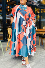 Casual Half Turtleneck Short Sleeve Plus Size Printed Midi Dress