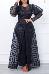 Mesh Puff Sleeve Button Cardigan Long Dress