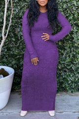 Casual Round Neck Long Sleeves Fur Midi Dress