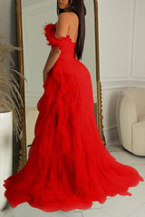 Elegant Solid Color Sleeveless Wrap Mesh Maxi Dress