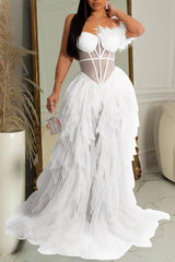 Elegant Solid Color Sleeveless Wrap Mesh Maxi Dress