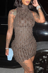 Knit High Neck Sleeveless Hip Cover Slim Mini Dress