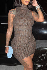 Knit High Neck Sleeveless Hip Cover Slim Mini Dress