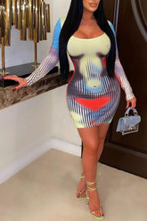 Abstract Print Long Sleeve Crewneck Mini Dress