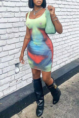 Abstract Print Long Sleeve Crewneck Mini Dress