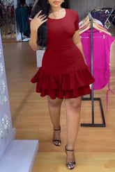 Solid Color Short Sleeve Tie Back Pleated Mini Dress