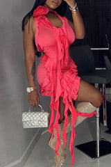 Ruffled Halter Neck Asymmetric Covert Hip Mini Dress