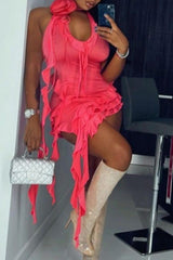 Ruffled Halter Neck Asymmetric Covert Hip Mini Dress
