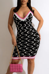 Fluorescent Crescent Contrast Color V-Neck Slim Wool Sling Mini Dress