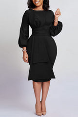 Temperament Solid Color Round Neck Bow Knot Midi Dress