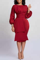 Temperament Solid Color Round Neck Bow Knot Midi Dress