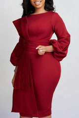 Temperament Solid Color Round Neck Bow Knot Midi Dress