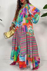 Vintage Court Wind Print Pleated Long Sleeve Loose Maxi Dress