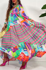 Vintage Court Wind Print Pleated Long Sleeve Loose Maxi Dress