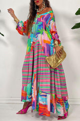 Vintage Court Wind Print Pleated Long Sleeve Loose Maxi Dress