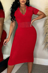 Ice Silk Lapel Ripped Slim Fit Midi Dress