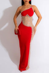 One-shoulder Pearl Hot Diamond See-through Mesh Maxi Dress