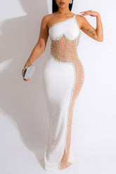 One-shoulder Pearl Hot Diamond See-through Mesh Maxi Dress