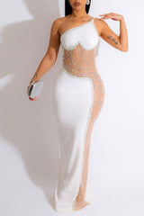 One-shoulder Pearl Hot Diamond See-through Mesh Maxi Dress