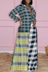 Casual Stitching Color Contrast Shirt Maxi Dress
