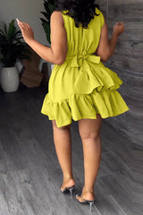 V-Neck Sleeveless Double Layer Ruffle Mini Dress (With Belt)