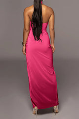 Solid Halter Neck Pleated Slit Maxi Dress