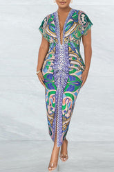 V Neck Ethnic Print Slit Pleated Midi Dress