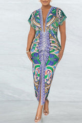 V Neck Ethnic Print Slit Pleated Midi Dress