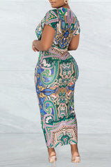 V Neck Ethnic Print Slit Pleated Midi Dress