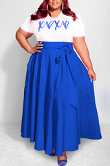 Plus Size Lace Pocket Letter Print A-Line Maxi Dress