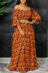 Fashion Print Flat-Shoulder Mid-Sleeve Maxi Dress