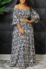Fashion Print Flat-Shoulder Mid-Sleeve Maxi Dress
