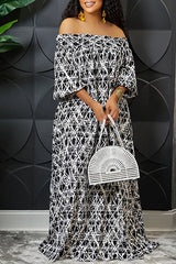 Fashion Print Flat-Shoulder Mid-Sleeve Maxi Dress