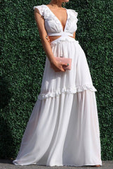 Elegant Ruffled Lace-up Backless Cutout V-Neck Maxi Dress